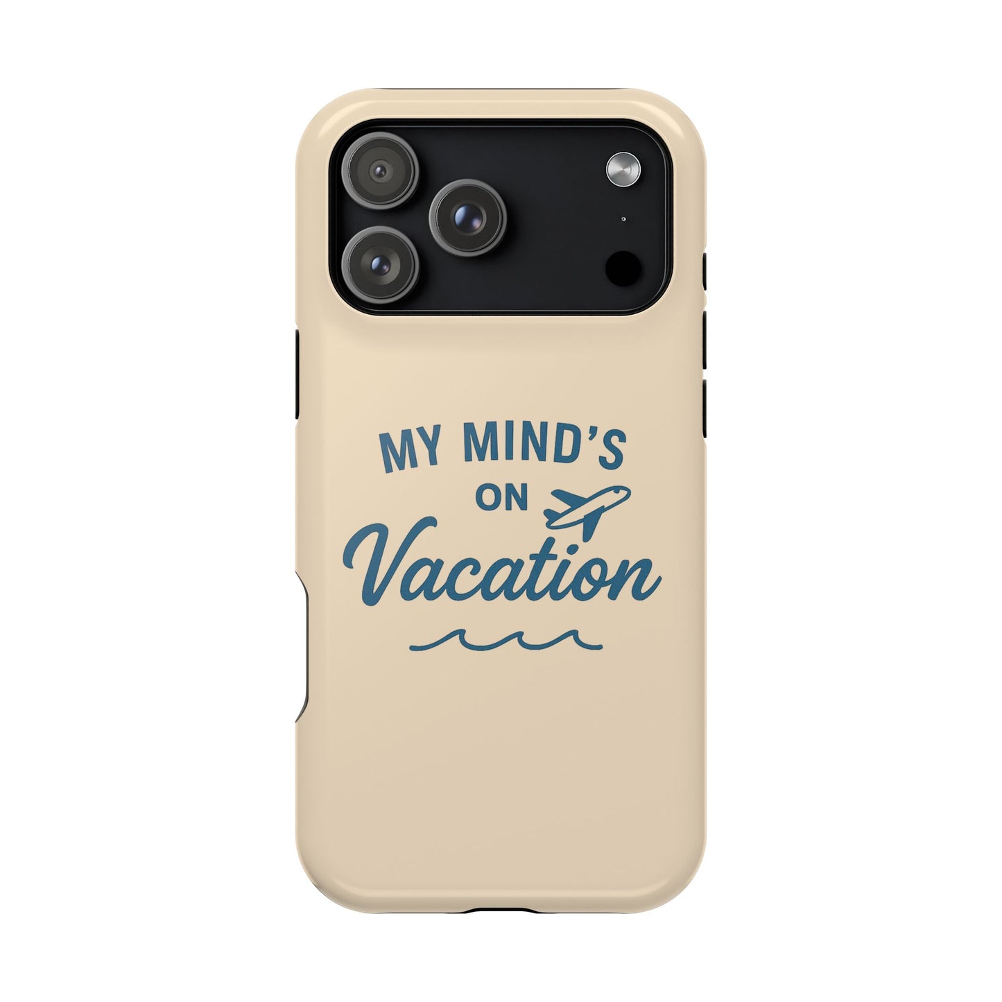 Minimalist phone case with 'My mind's in vacation' text and palm tree icon, dual-layer protective case for iPhone and Samsung, travel aesthetic – Chic Gallery