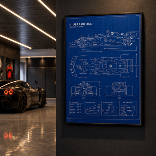 Poster blueprint tecnico Ferrari SF-26 F1 2026 appeso in un box auto premium — ChicGallery