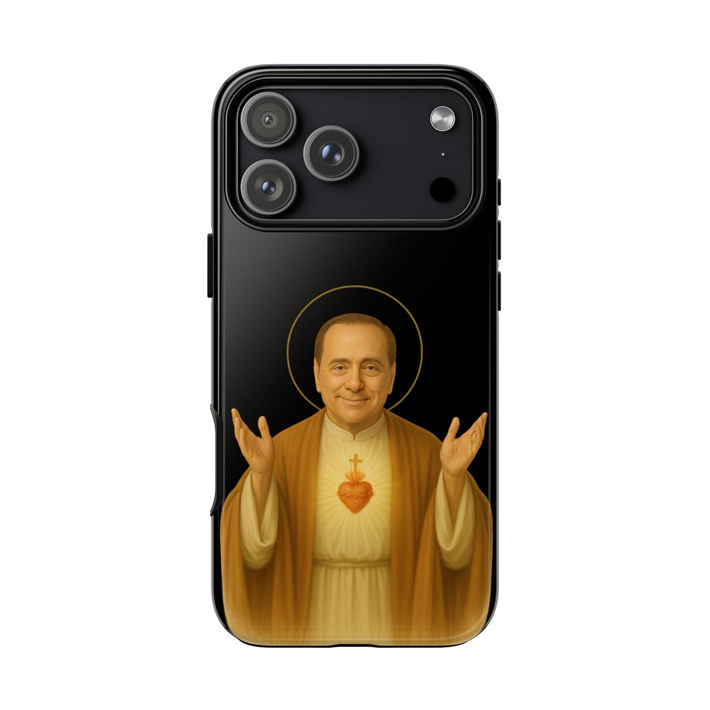 Cover protettiva per smartphone con illustrazione di San Silvio Berlusconi con aureola, design ironico e resistente per iPhone e Samsung – Chic Gallery.