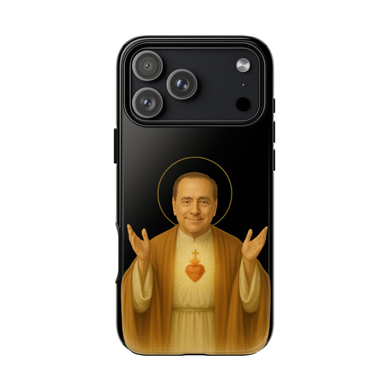 Cover protettiva per smartphone con illustrazione di San Silvio Berlusconi con aureola, design ironico e resistente per iPhone e Samsung – Chic Gallery.