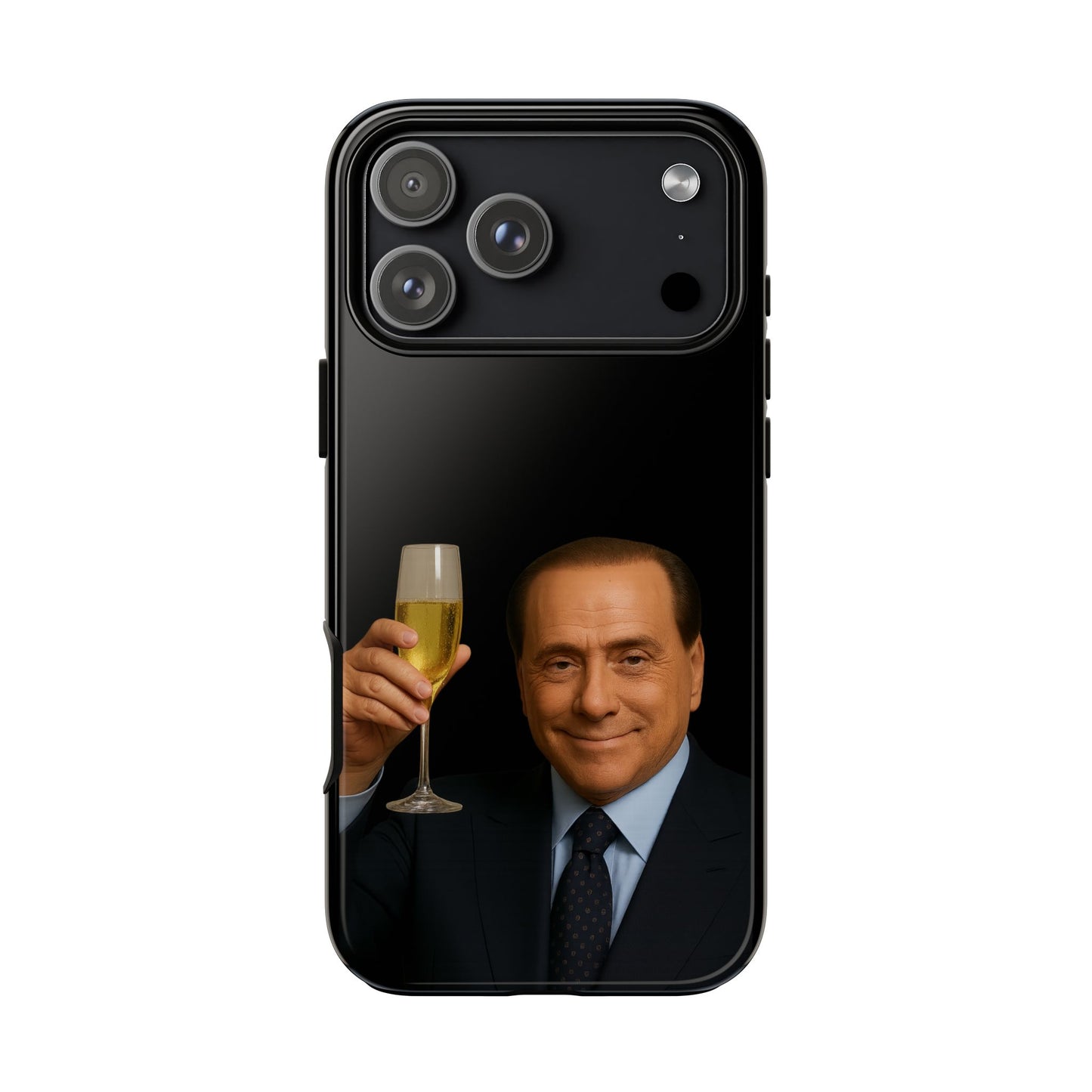 Cover per smartphone con grafica di Silvio Berlusconi che brinda con lo Champagne, protezione resistente per iPhone e Samsung, stile lussuoso e ironico – Chic Gallery