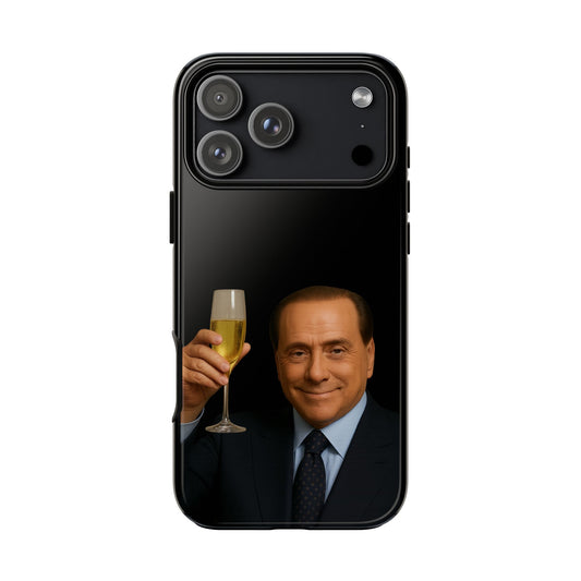 Cover per smartphone con grafica di Silvio Berlusconi che brinda con lo Champagne, protezione resistente per iPhone e Samsung, stile lussuoso e ironico – Chic Gallery