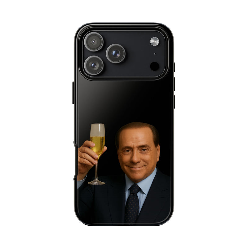 Cover per smartphone con grafica di Silvio Berlusconi che brinda con lo Champagne, protezione resistente per iPhone e Samsung, stile lussuoso e ironico – Chic Gallery