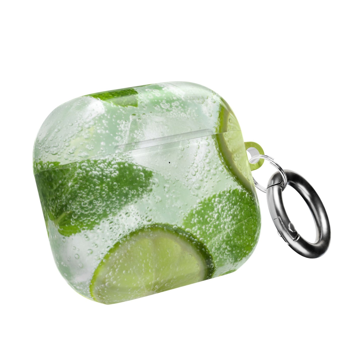 Protective AirPod case with vibrant Mojito cocktail design, featuring limes and mint, including a silver carabiner – Chic Gallery