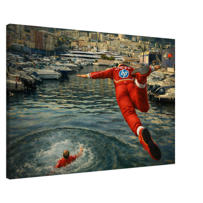 Premium gallery-wrapped canvas print of 'The Monaco Son' Formula 1 victory art, mounted on sustainable FSC-certified wood, ready-to-hang motorsport wall decor – Chic Gallery.