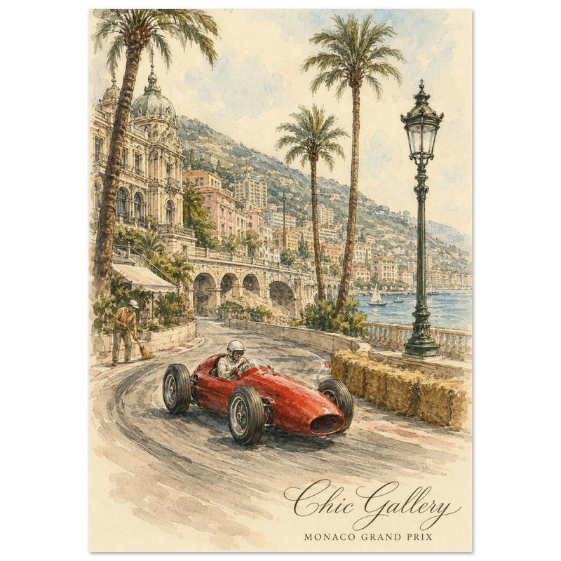 Poster Gran Premio di Monaco F1 in acquerello, formato A1, monoposto rossa d'epoca in curva sul lungomare