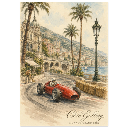 Stampa Fine Art Monaco Grand Prix acquerello, formato A2, auto da corsa vintage tra palme e Mediterraneo