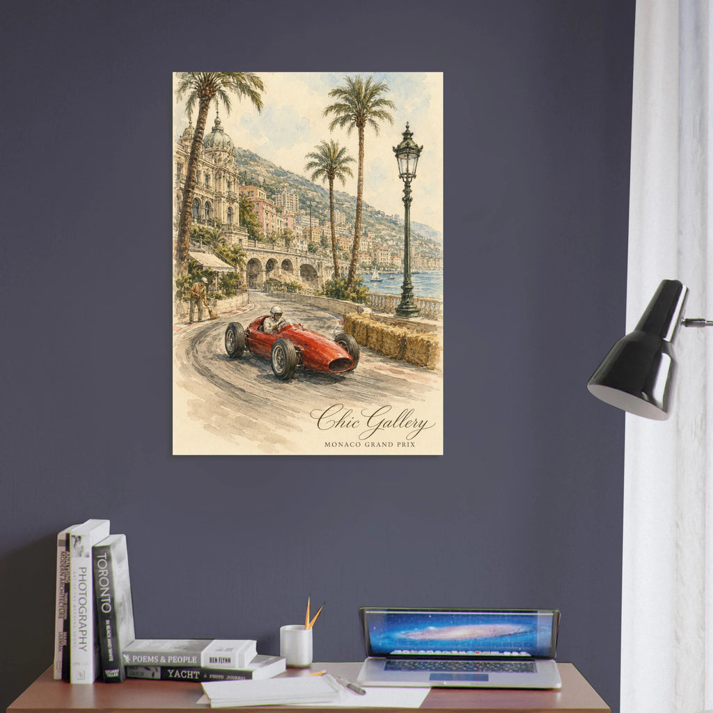 Poster Monaco Grand Prix acquerello incorniciato, appeso alla parete di un ufficio moderno