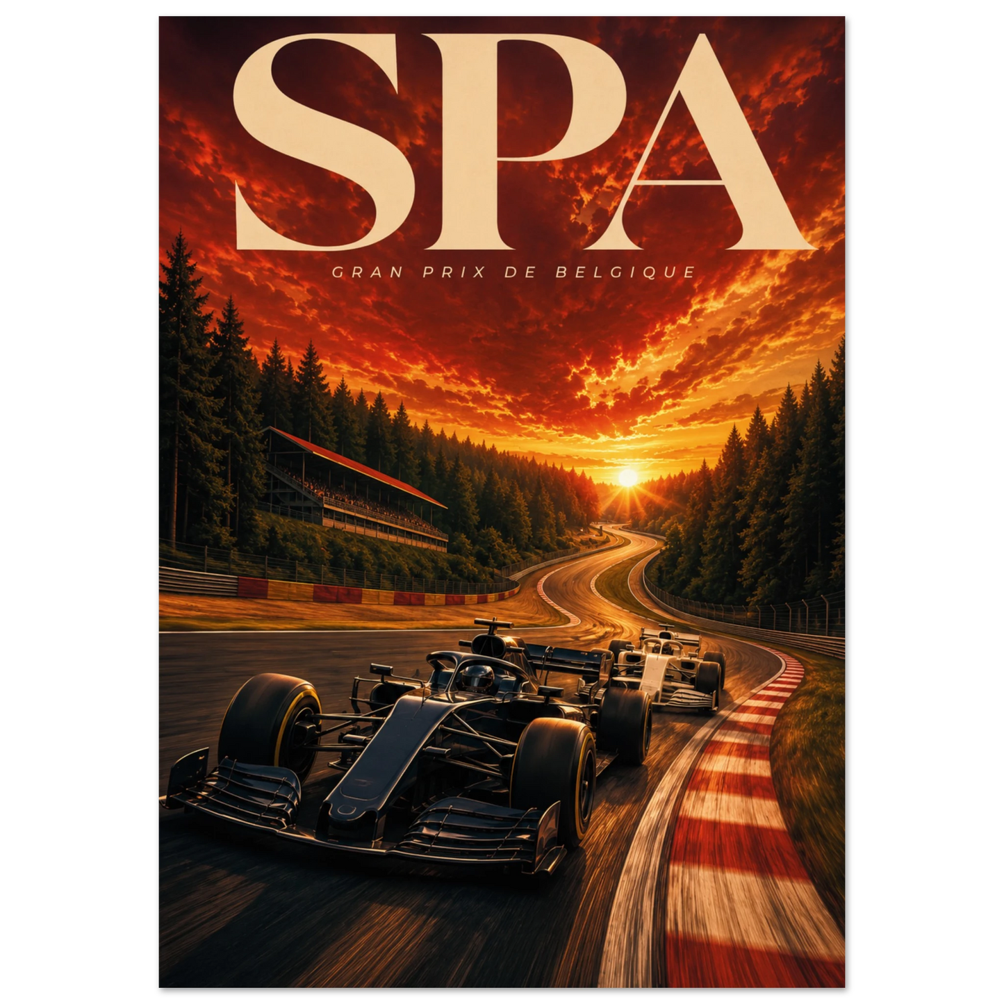 Poster Gran Premio del Belgio F1 a Spa-Francorchamps, formato A1, monoposto all'Eau Rouge sotto un cielo infuocato