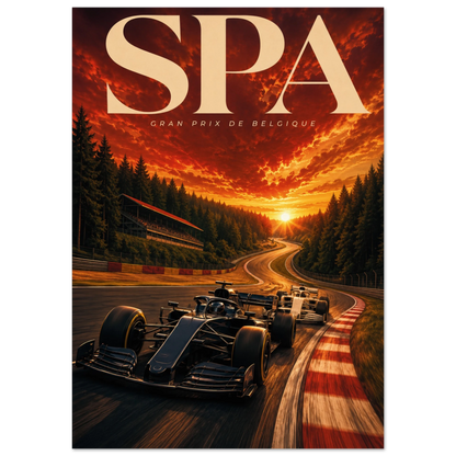 Poster Gran Premio del Belgio F1 a Spa-Francorchamps, formato A1, monoposto all'Eau Rouge sotto un cielo infuocato