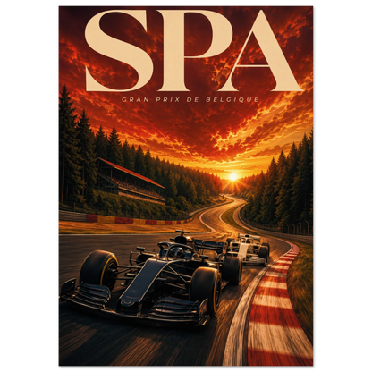 Poster F1 Gran Premio del Belgio, illustrazione editoriale, formato A3, tribune di Spa e cielo rosso al tramonto
