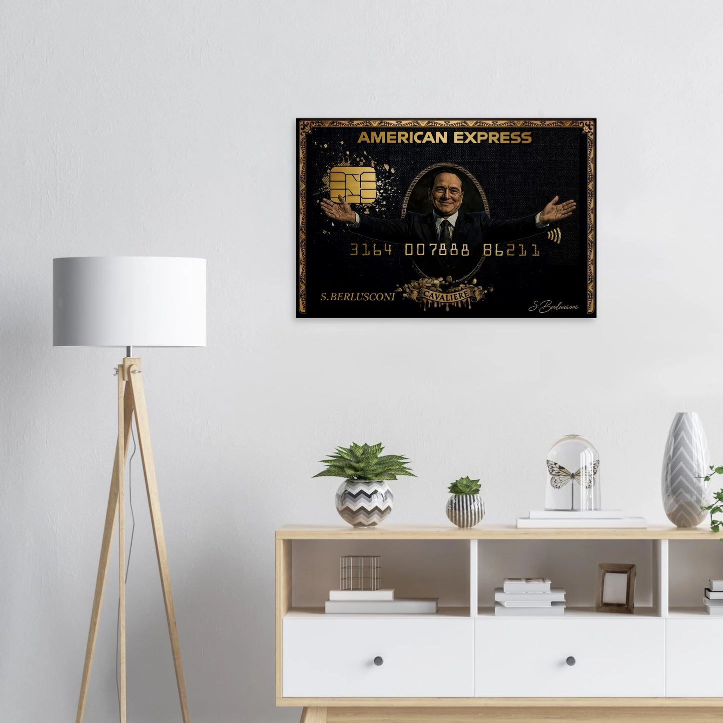Tela ironica Silvio Berlusconi American Express Gold appesa in ufficio contemporaneo
