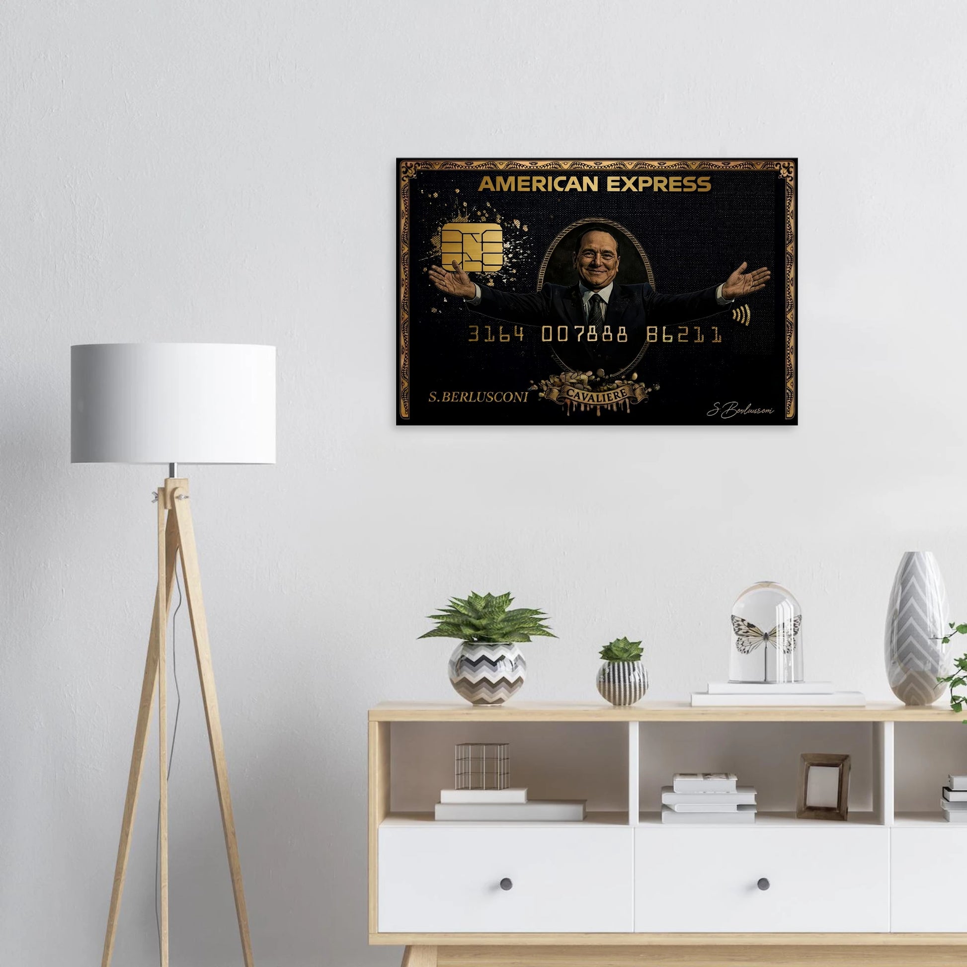 Tela ironica Silvio Berlusconi American Express Gold appesa in ufficio contemporaneo
