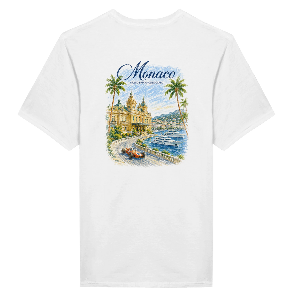 T-shirt bianca Monaco Grand Prix retro con illustrazione vintage Casino Monte-Carlo Formula 1 e superyacht
