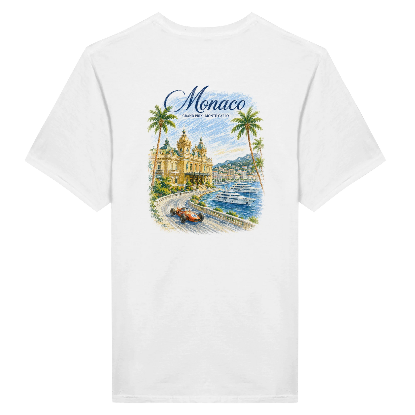 T-shirt bianca Monaco Grand Prix retro con illustrazione vintage Casino Monte-Carlo Formula 1 e superyacht