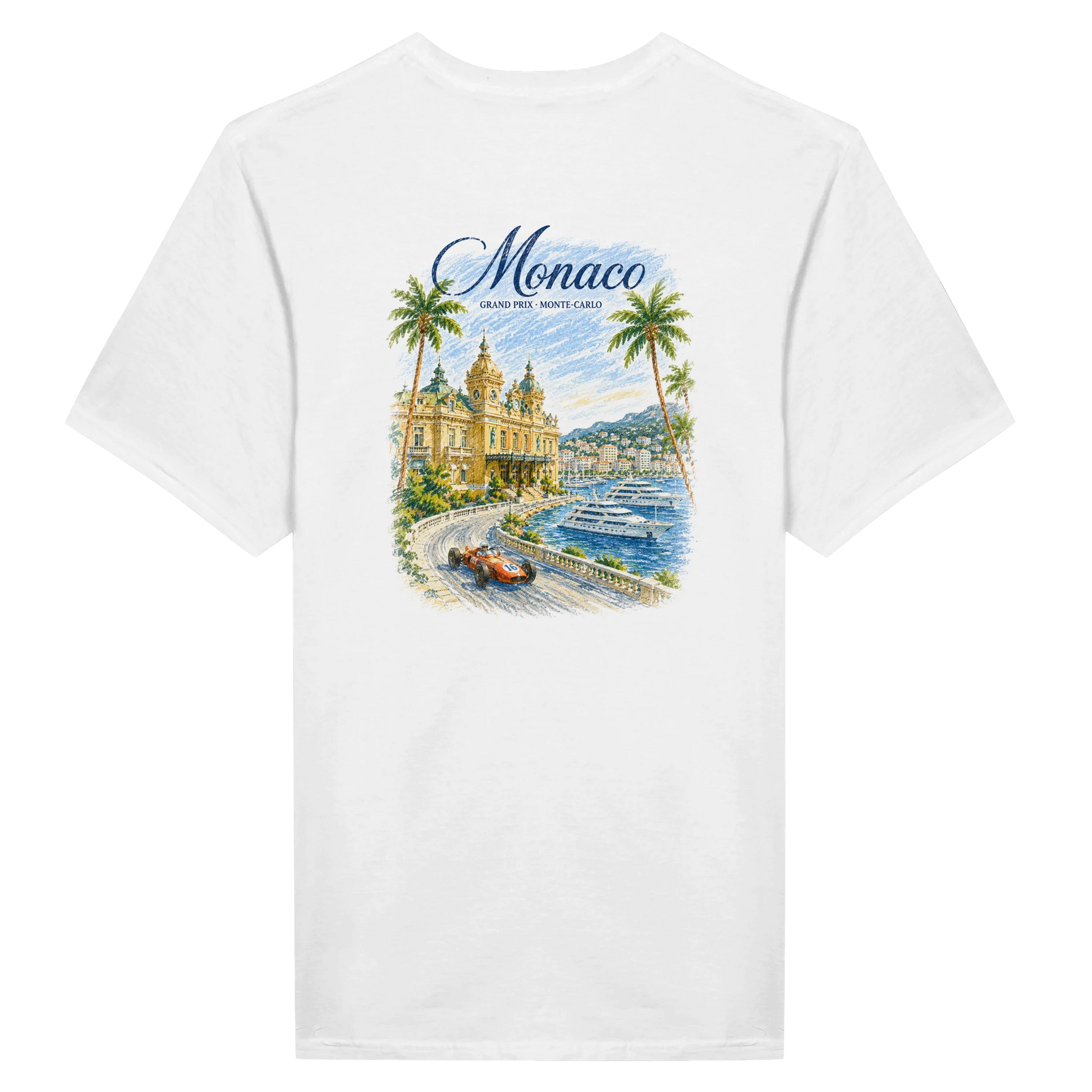 T-shirt bianca Monaco Grand Prix retro con illustrazione vintage Casino Monte-Carlo Formula 1 e superyacht