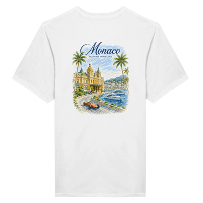 T-shirt bianca Monaco Grand Prix retro con illustrazione vintage Casino Monte-Carlo Formula 1 e superyacht