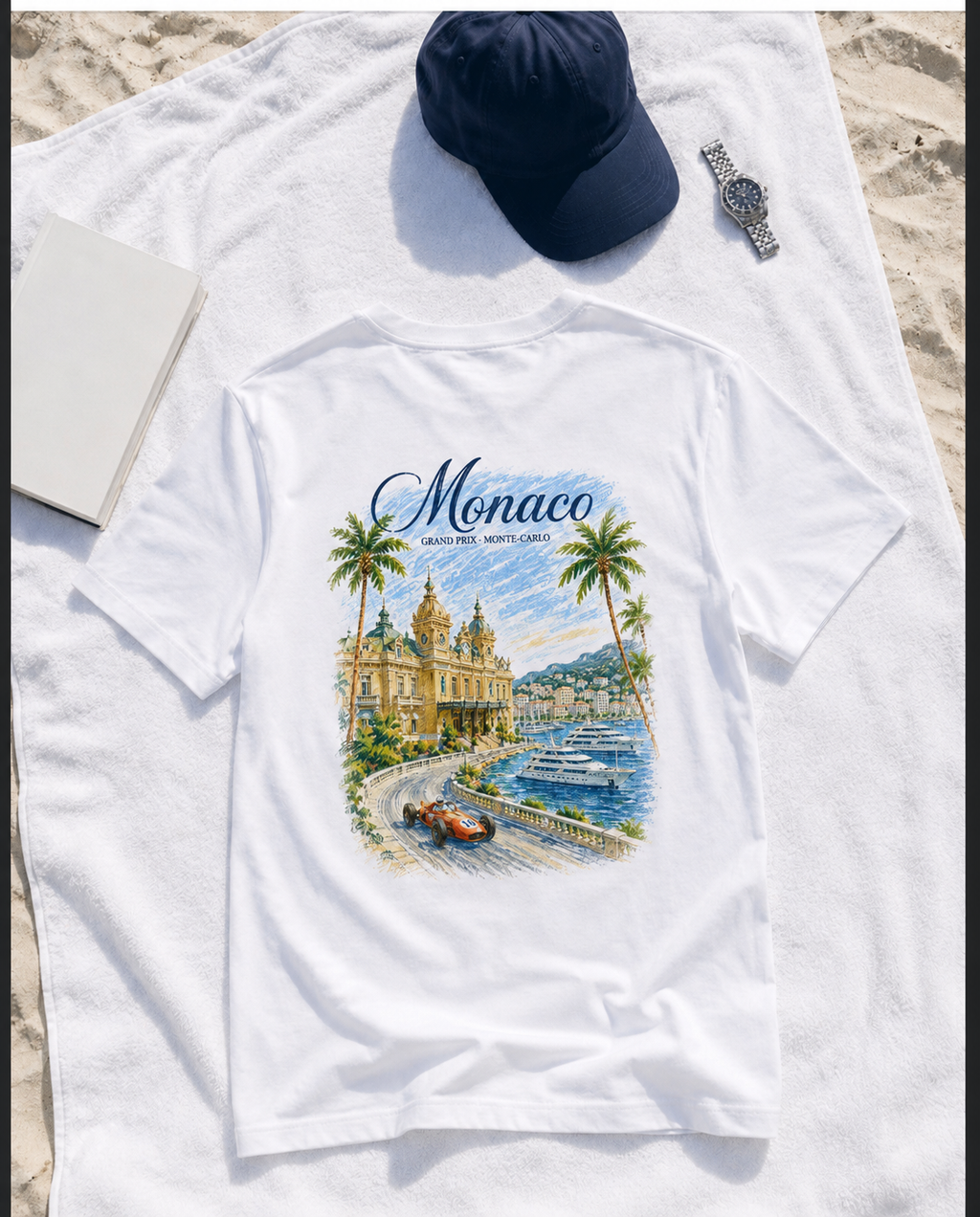 T-shirt Monaco Grand Prix Watercolor flat lay sulla spiaggia con cappello e orologio — ChicGallery