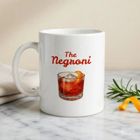 Tazza in ceramica bianca con scritta 'The Negroni' e illustrazione minimale del celebre cocktail italiano, idea regalo per amanti dell'aperitivo e fan dei trend social – Chic Gallery.