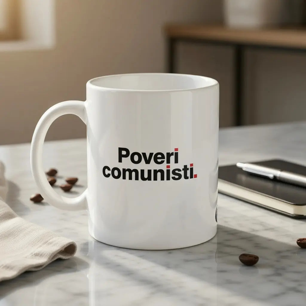 Tazza in ceramica bianca con la scritta provocatoria e ironica 'Poveri Comunisti', ispirata alle celebri uscite di Silvio Berlusconi, ideale come regalo sarcastico – Chic Gallery