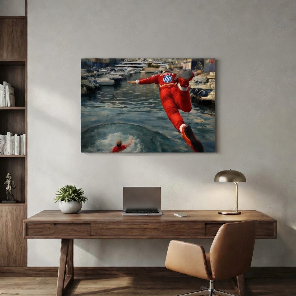 Quadro su tela premium "Monaco's Son" che celebra la vittoria di Charles Leclerc al Gran Premio di Monaco F1. Stampa artistica di alta qualità per tifosi Ferrari, pronta da appendere.