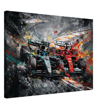 Tela F1 in stile street art del sorpasso di Charles Leclerc su George Russell durante il Gran Premio d'Olanda 2025 a Zandvoort