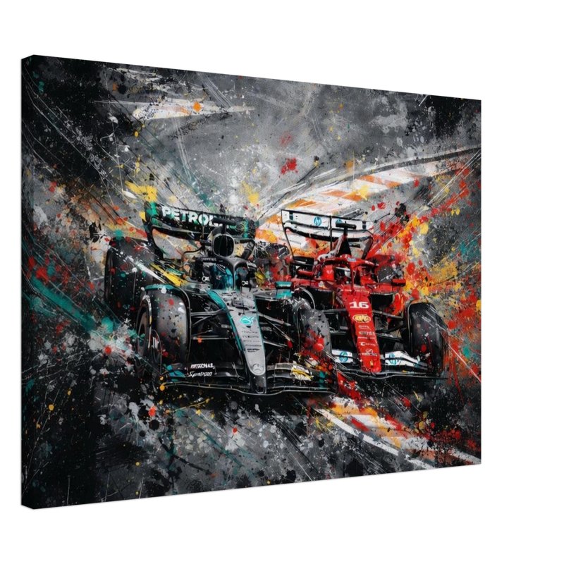 Tela F1 in stile street art del sorpasso di Charles Leclerc su George Russell durante il Gran Premio d'Olanda 2025 a Zandvoort