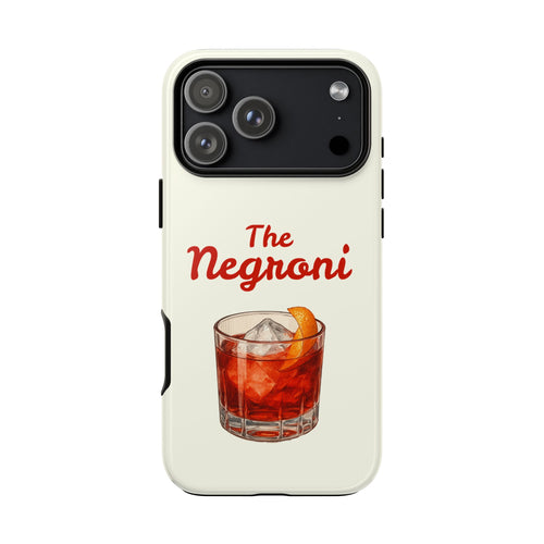 Sleek phone cover featuring 'The Negroni' cocktail illustration and text, available for iPhone and Samsung, luxury aperitivo aesthetic – Chic Gallery.